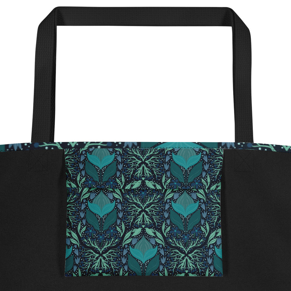 Teal Flower All-Over Print Large Tote Bag